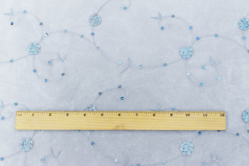 Fairy Blue-Blue Floral Embroidered Sequin Nylon Organza Woven Fabric