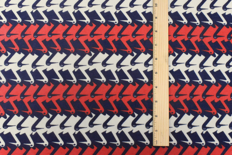 Dark Blue-Red-Ivory Brid Printed Stretch Poly Tissue Jersey Knit Fabric