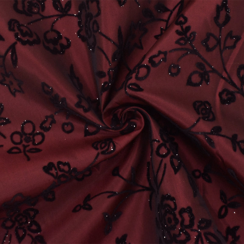 Romance Red-Black-Silver Floral Flock Printed Taffeta Woven Fabric