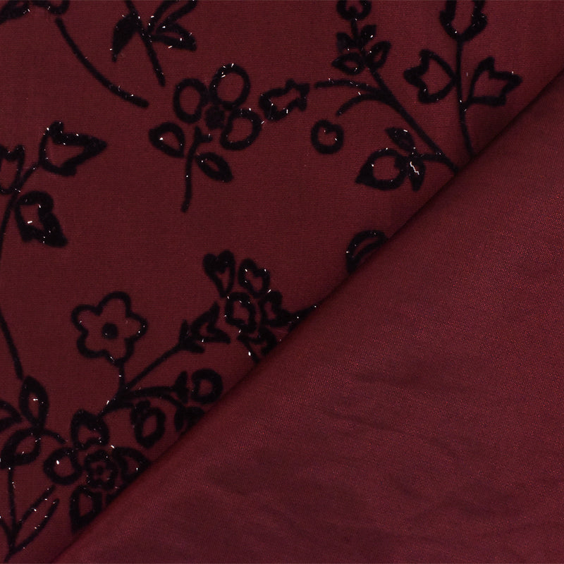Romance Red-Black-Silver Floral Flock Printed Taffeta Woven Fabric
