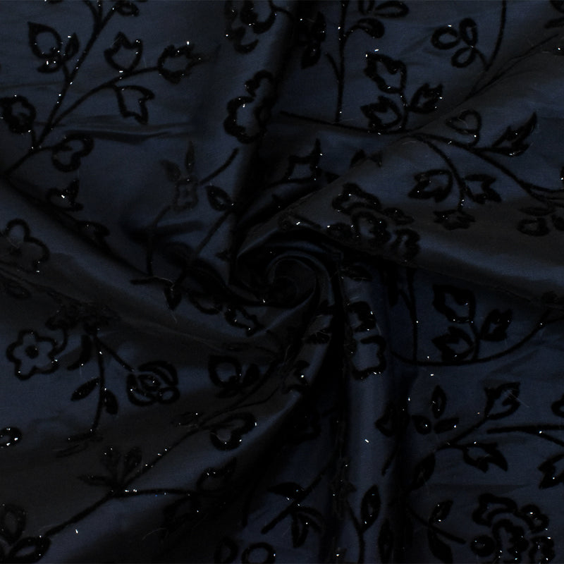 2 1/4 YD PC-Midnight Blue-Black-Silver Floral Velvet Flock Printed Taffeta Woven Fabric