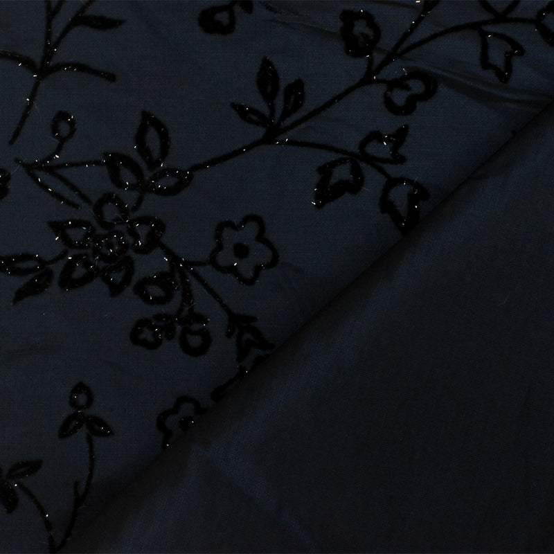 2 1/4 YD PC-Midnight Blue-Black-Silver Floral Velvet Flock Printed Taffeta Woven Fabric