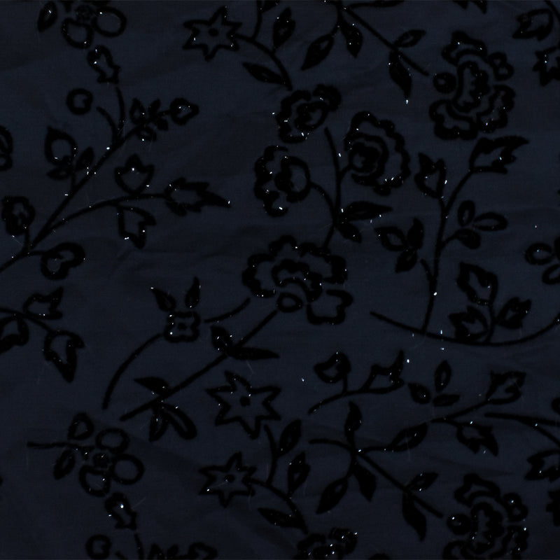 2 1/4 YD PC-Midnight Blue-Black-Silver Floral Velvet Flock Printed Taffeta Woven Fabric