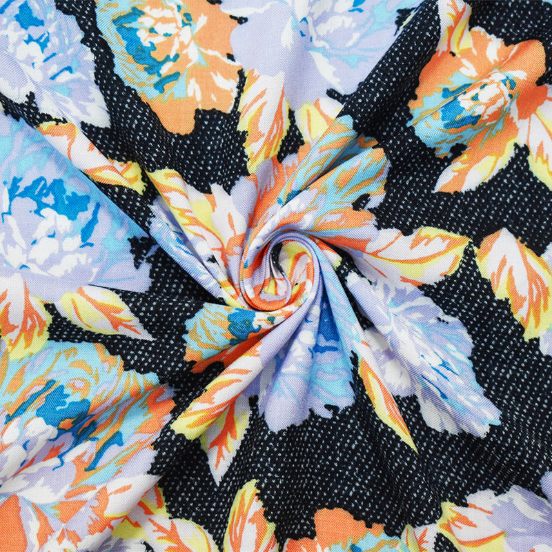 Black-Purple-Multi Rayon Floral Dots Printed Challis Woven Fabric
