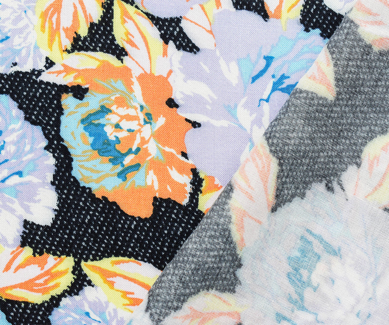 Black-Purple-Multi Rayon Floral Dots Printed Challis Woven Fabric