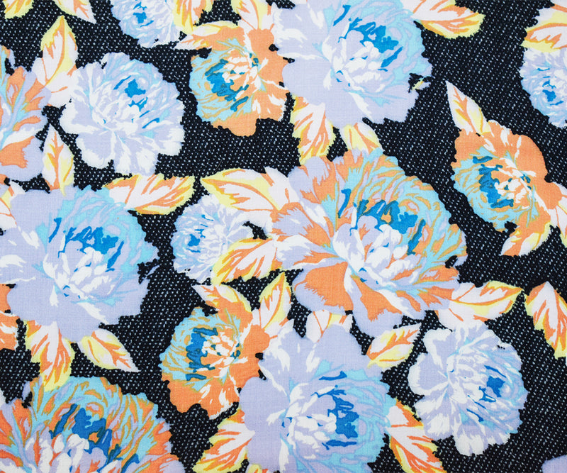 Black-Purple-Multi Rayon Floral Dots Printed Challis Woven Fabric