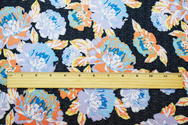 Black-Purple-Multi Rayon Floral Dots Printed Challis Woven Fabric