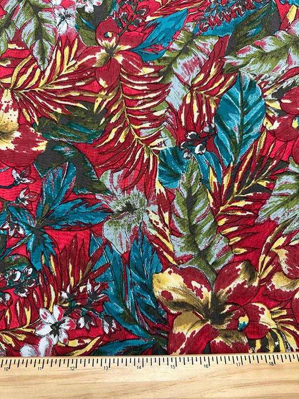 2 1/2 YD PC-Red Multi Palm Print Rayon Challis Fabric