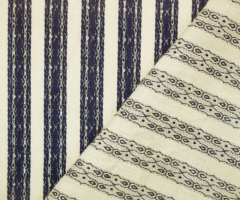 Off-White-Navy-Silver Cotton Blend Decorative Stripe Jacquard  Woven Fabric