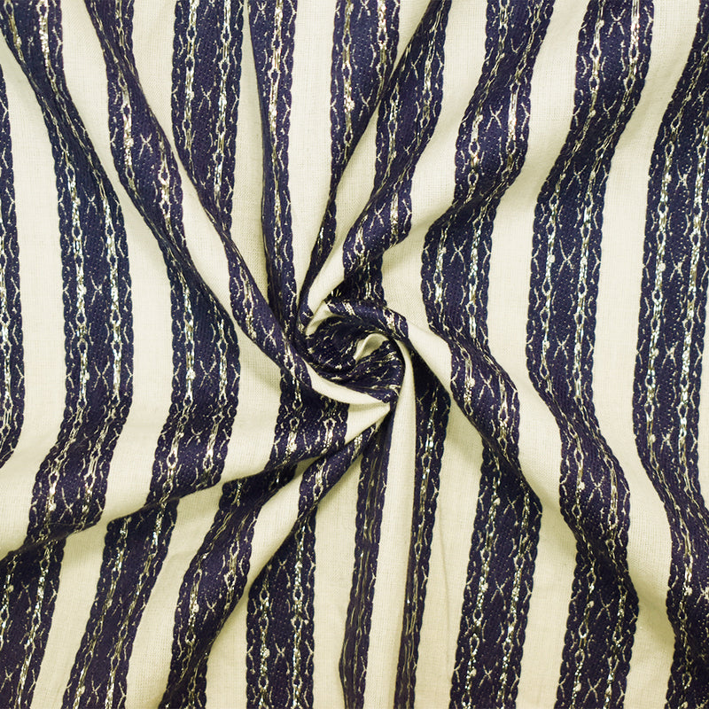 Off-White-Navy-Silver Cotton Blend Decorative Stripe Jacquard  Woven Fabric