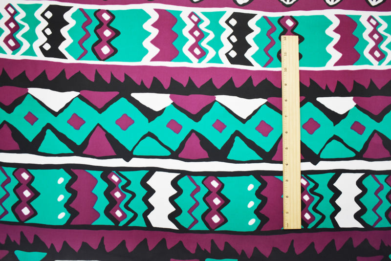 Purple-Turquoise-Multi Poly Aztec Stripe Printed Charmeuse Satin Woven Fabric