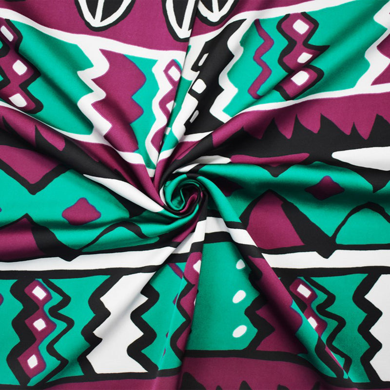 Purple-Turquoise-Multi Poly Aztec Stripe Printed Charmeuse Satin Woven Fabric