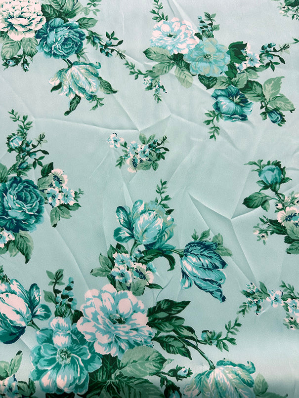 Mint Green Rose Print Poly Charmeuse Satin Fabric