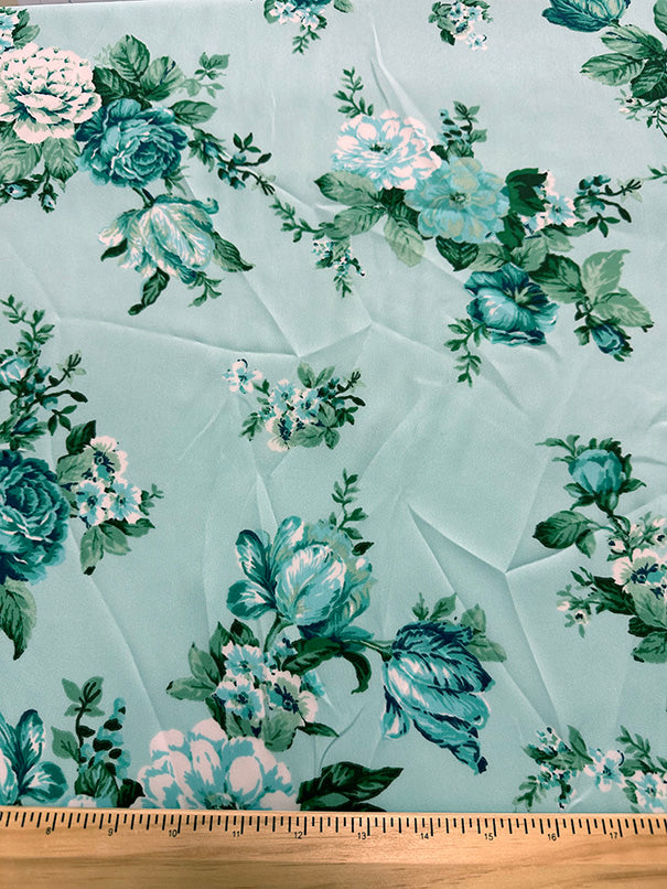 Mint Green Rose Print Poly Charmeuse Satin Fabric