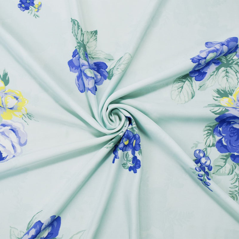 Blue-Yellow-Multi Multi Poly Floral Printed Charmeuse Satin Woven Fabric