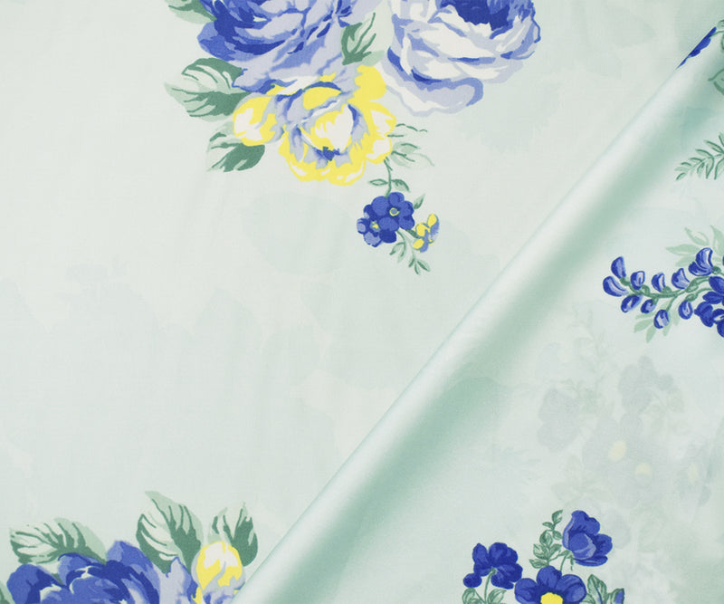 Blue-Yellow-Multi Multi Poly Floral Printed Charmeuse Satin Woven Fabric