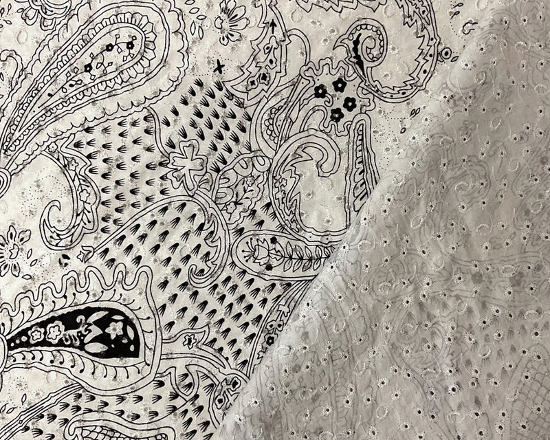 2 YD PC-White-black Cotton Paisley Embroidered Eyelet Twill Woven Fabric