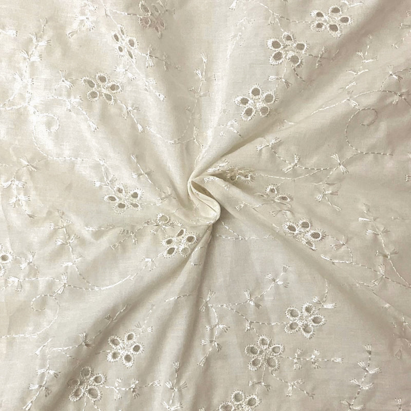 Light Ivory Cotton Floral Vine Embroidered Eyelet Voile Woven Fabric