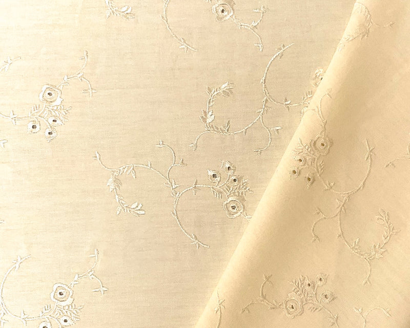 Beige Cotton Floral Vine Embroidered Eyelet Twill Woven Fabric