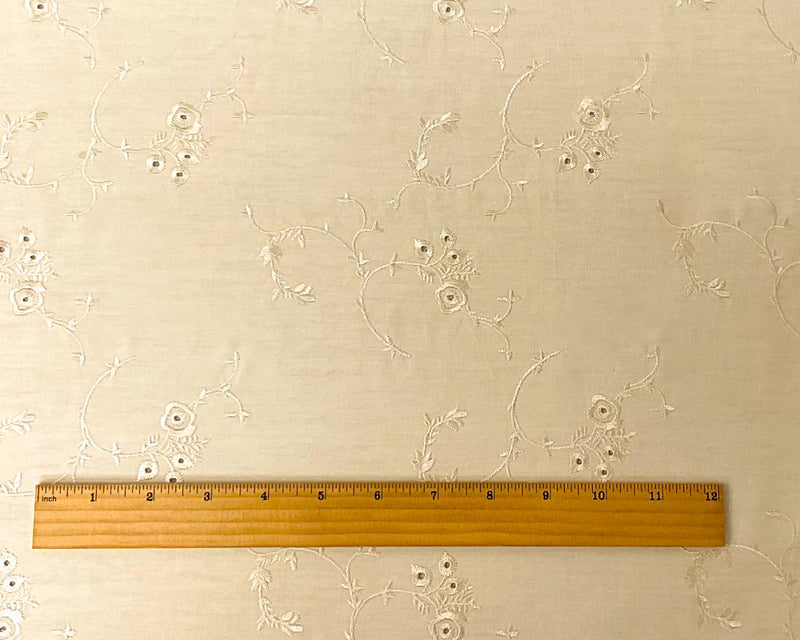 Beige Cotton Floral Vine Embroidered Eyelet Twill Woven Fabric