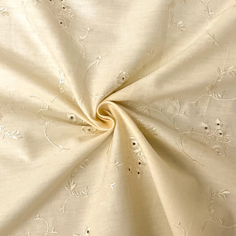 Beige Cotton Floral Vine Embroidered Eyelet Twill Woven Fabric