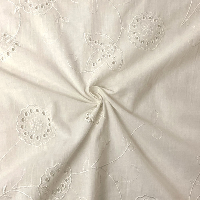 White Cotton Floral Embroidered Eyelet Voile Woven Fabric