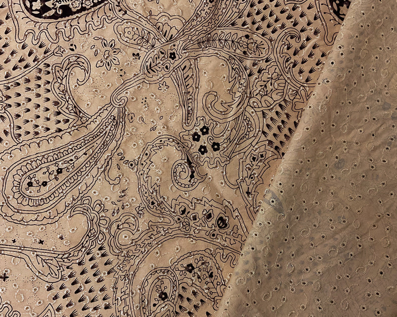 Beige-Brown Cotton Paisley Embroidered Eyelet Twill Woven Fabric