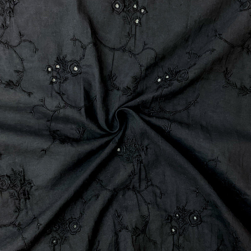 Black Cotton-Rayon Floral Vine Embroidered Eyelet Voile Woven Fabric