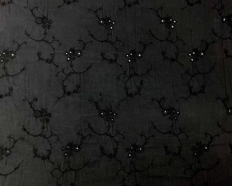 Black Cotton-Rayon Floral Vine Embroidered Eyelet Voile Woven Fabric