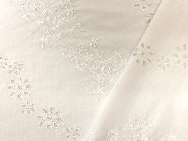 White Cotton Floral Embroidered Eyelet Voile Woven Fabric