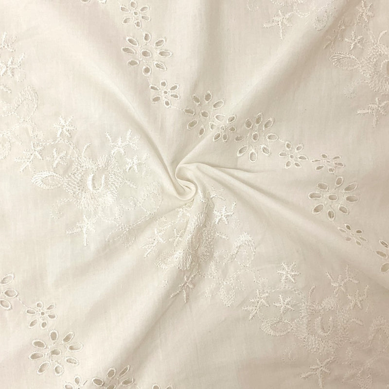 White Cotton Floral Embroidered Eyelet Voile Woven Fabric