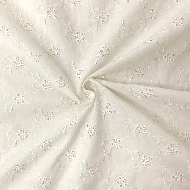 White Cotton Floral Vine Embroidered Eyelet Batiste Woven Fabric