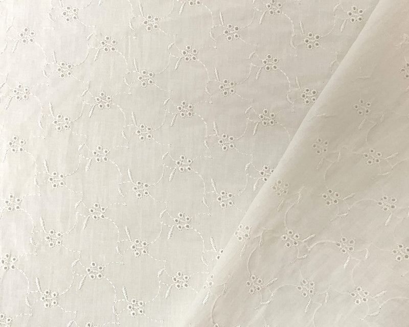 White Cotton Floral Vine Embroidered Eyelet Batiste Woven Fabric