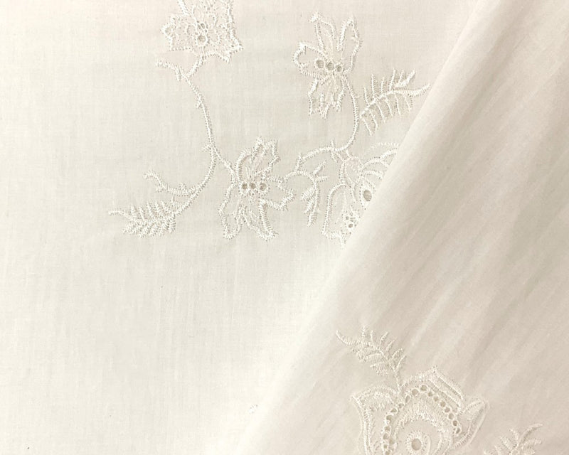 White Cotton Floral Embroidered Eyelet Voile Woven Fabric