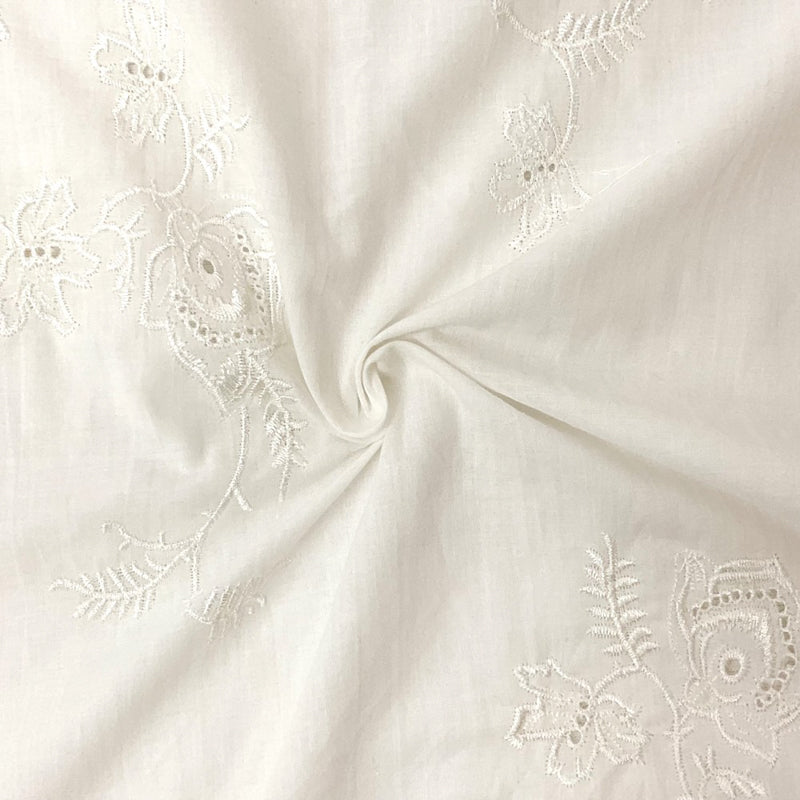 White Cotton Floral Embroidered Eyelet Voile Woven Fabric