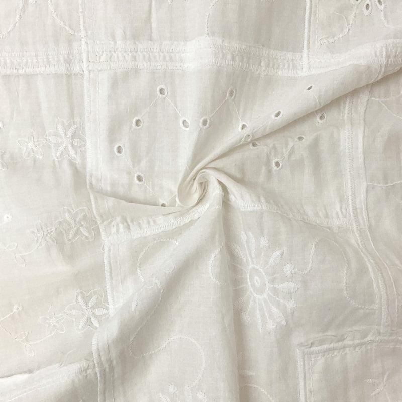 White Cotton Floral Vine Embroidered Eyelet Batiste Woven Fabric
