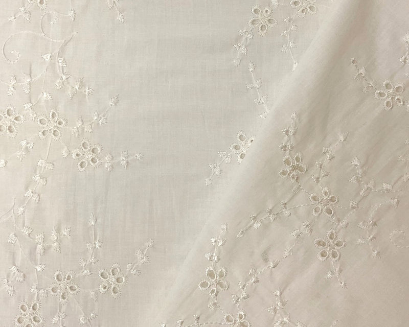 White Cotton Flaral Vine Embroidered Eyelet Voile Woven Fabric
