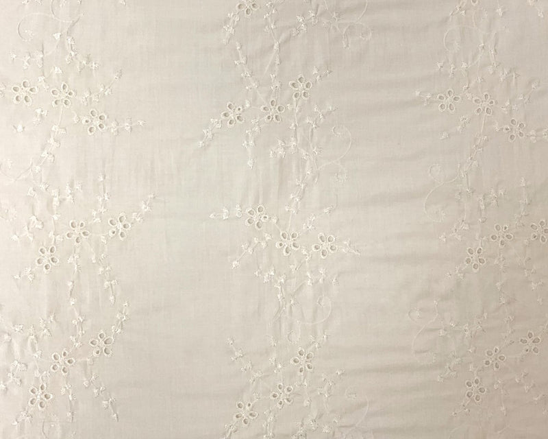 White Cotton Flaral Vine Embroidered Eyelet Voile Woven Fabric
