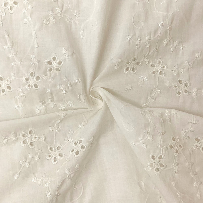 White Cotton Flaral Vine Embroidered Eyelet Voile Woven Fabric