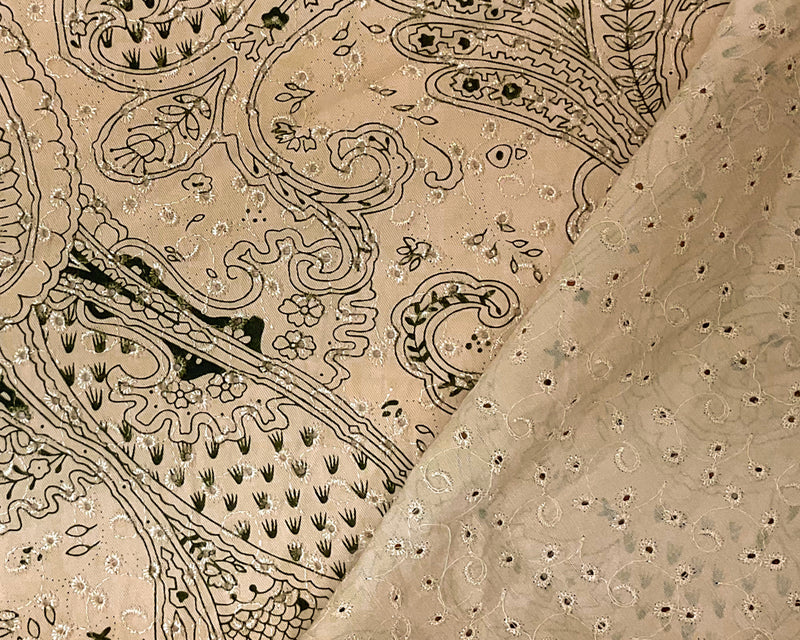 Beige-Green Cotton Paisley Embroidered Eyelet Twill Woven Fabric