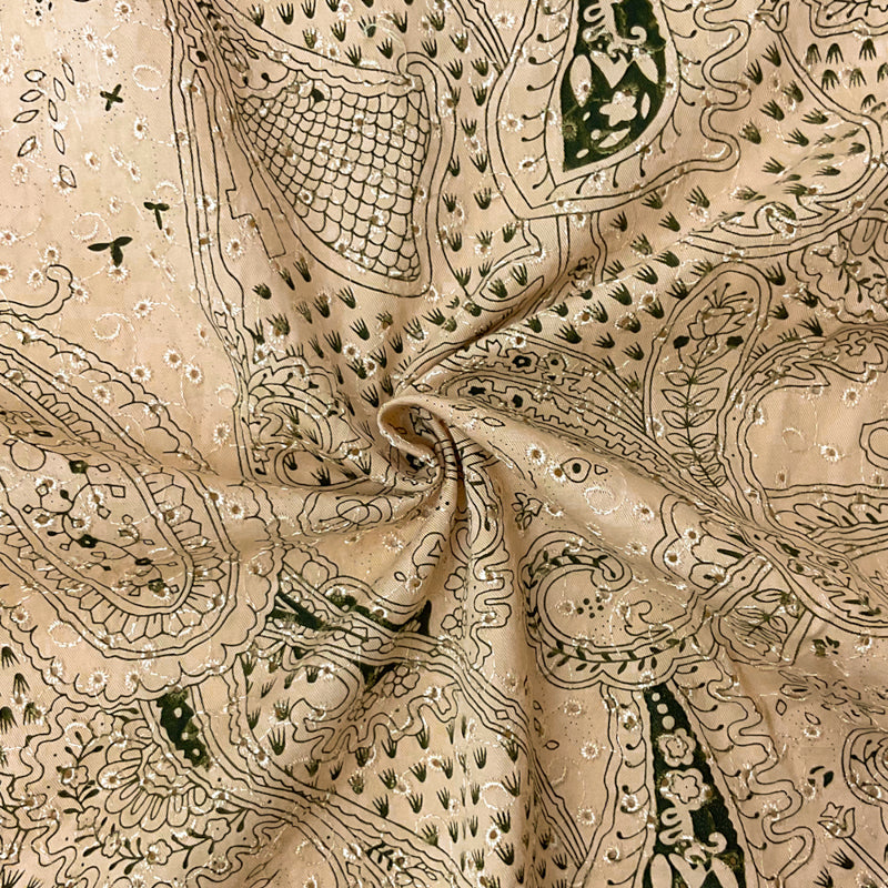 Beige-Green Cotton Paisley Embroidered Eyelet Twill Woven Fabric