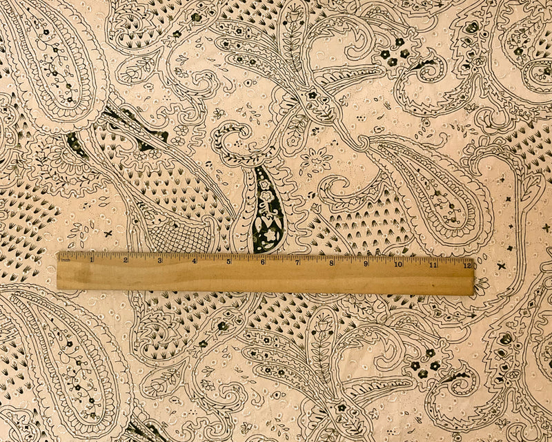 Beige-Green Cotton Paisley Embroidered Eyelet Twill Woven Fabric