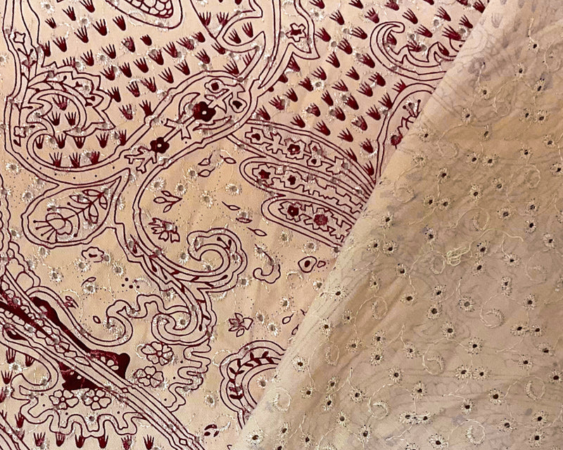 Beige-Red Cotton Paisley Embroidered Eyelet Twill Woven Fabric
