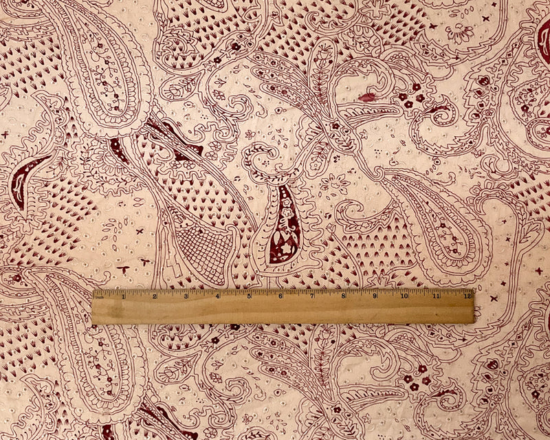 Beige-Red Cotton Paisley Embroidered Eyelet Twill Woven Fabric