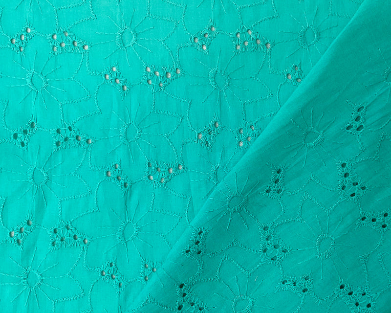 1 YD PC-Turquoise Cotton Floral Eyelet Embroidered Batiste Woven Fabric