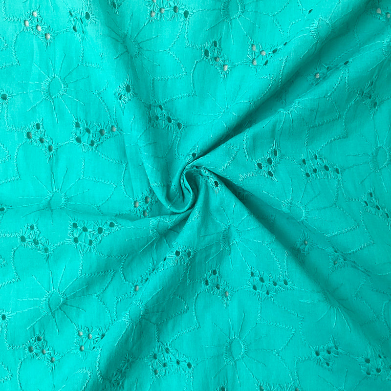 1 YD PC-Turquoise Cotton Floral Eyelet Embroidered Batiste Woven Fabric