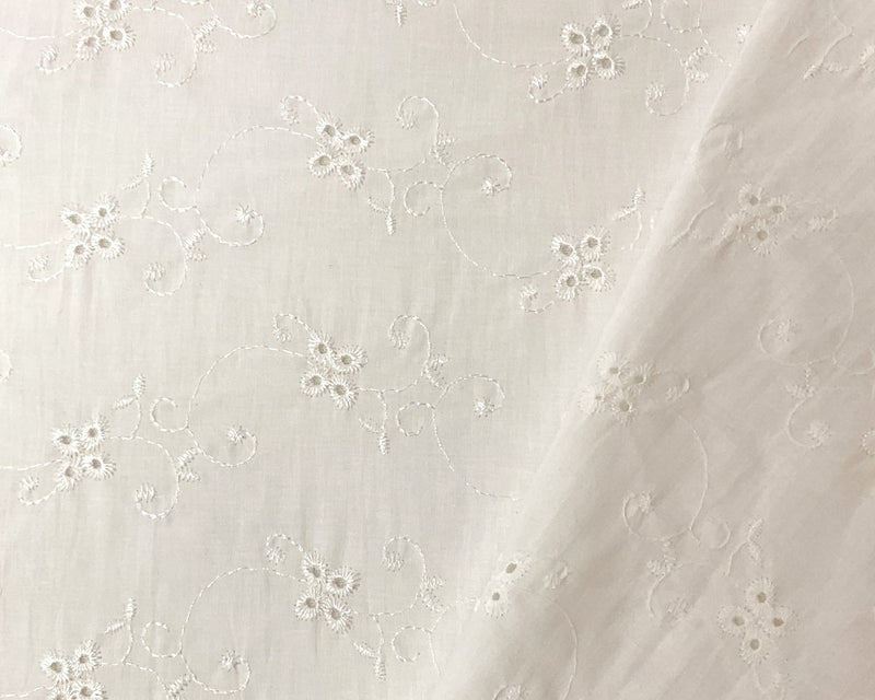 Cream White Cotton Floral Vine Embroidered Eyelet Voile Fabric