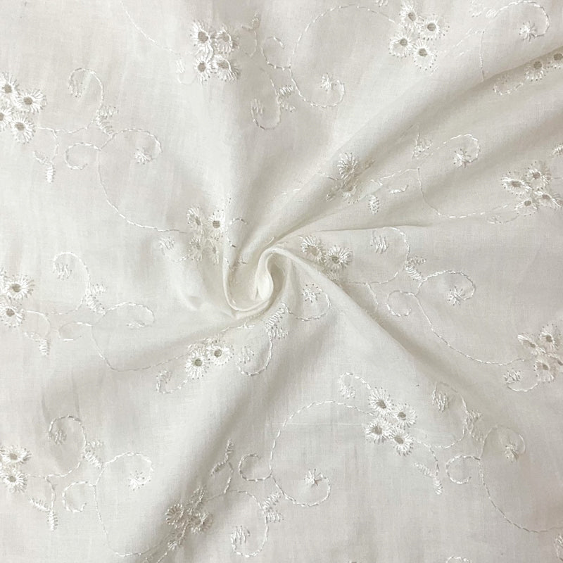 Cream White Cotton Floral Vine Embroidered Eyelet Voile Fabric