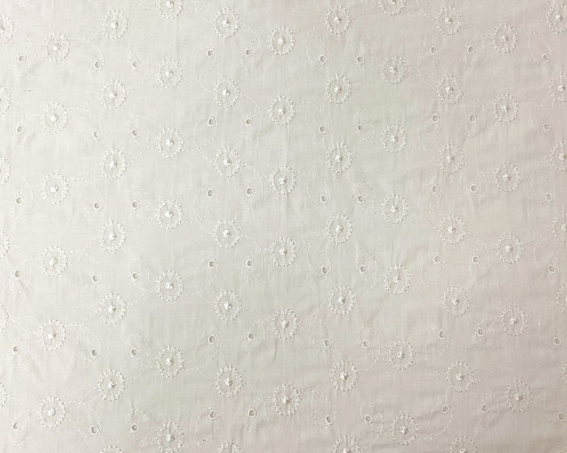 White Cotton Floral Swirl Embroidered Eyelet Voile Woven Fabric