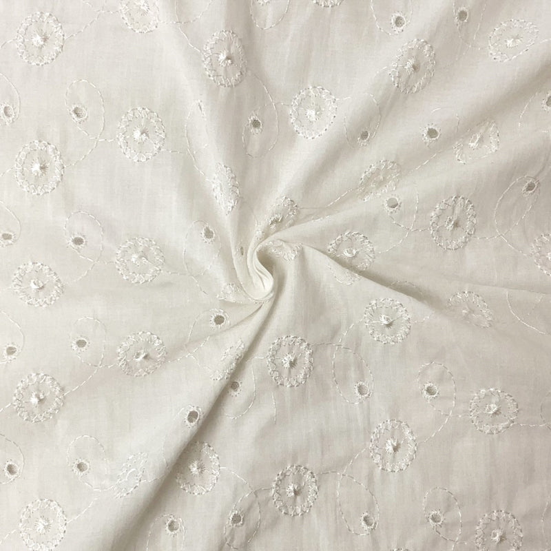 White Cotton Floral Swirl Embroidered Eyelet Voile Woven Fabric